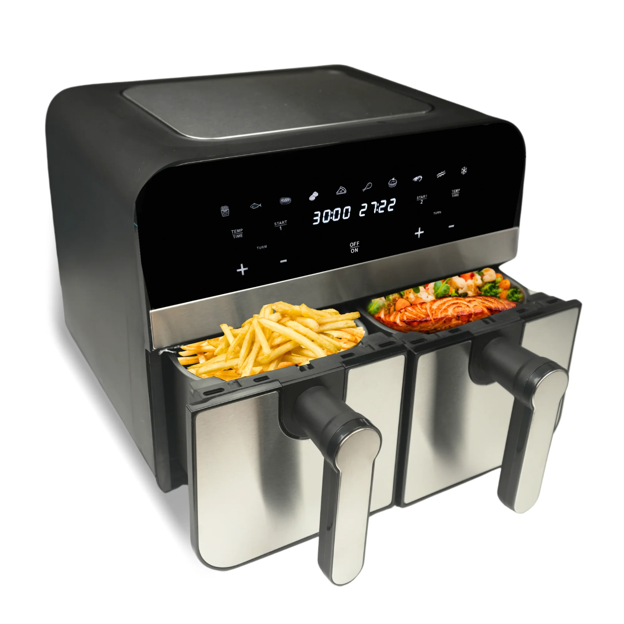 Comfy Nest CN-AFD45NS: 2400W Dubbele Mand Digitale S/S Airfryer – 9L