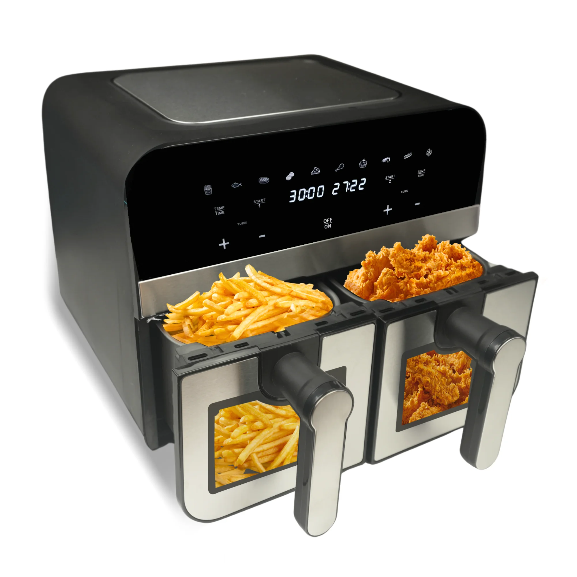 Comfy Nest CN-AFD45WS: 2400W Dubbele Mand Digitale S/S Airfryer met Venster – 9L