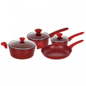 Herzberg HG-04715RED: 7-Delige Gietijzeren Pannenset Met Marmercoating - Rood