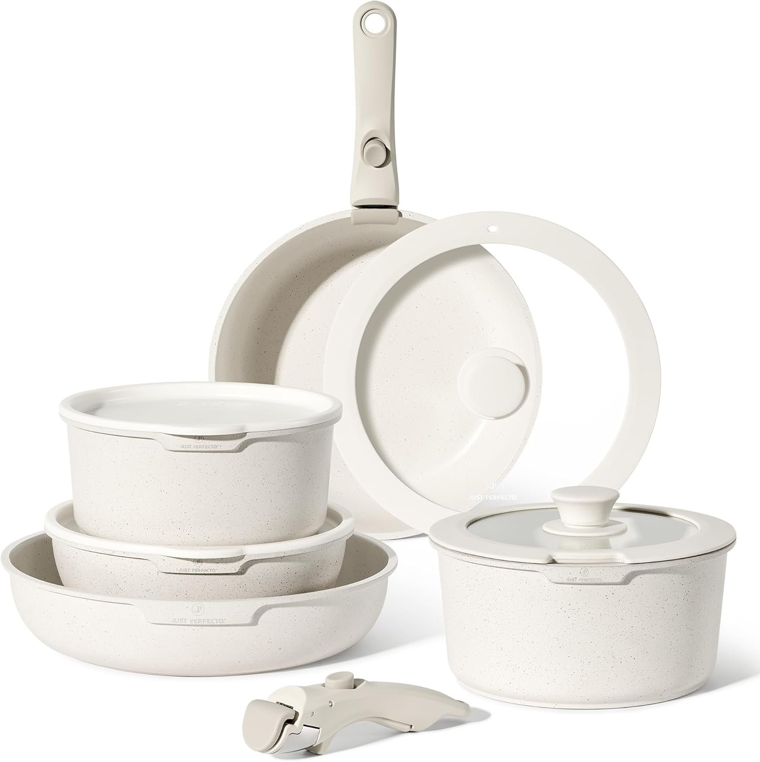Just Perfecto JL-999: 11-delige granieten kookset met afneembare handgreep – beige